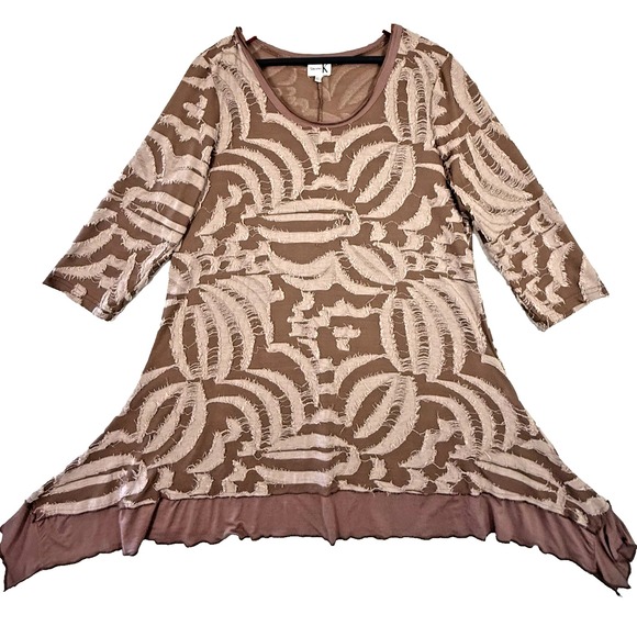 Tops - Shana K Women Tunic Top XL Brown Textured Western Stretch Knit Handkerchief Hem